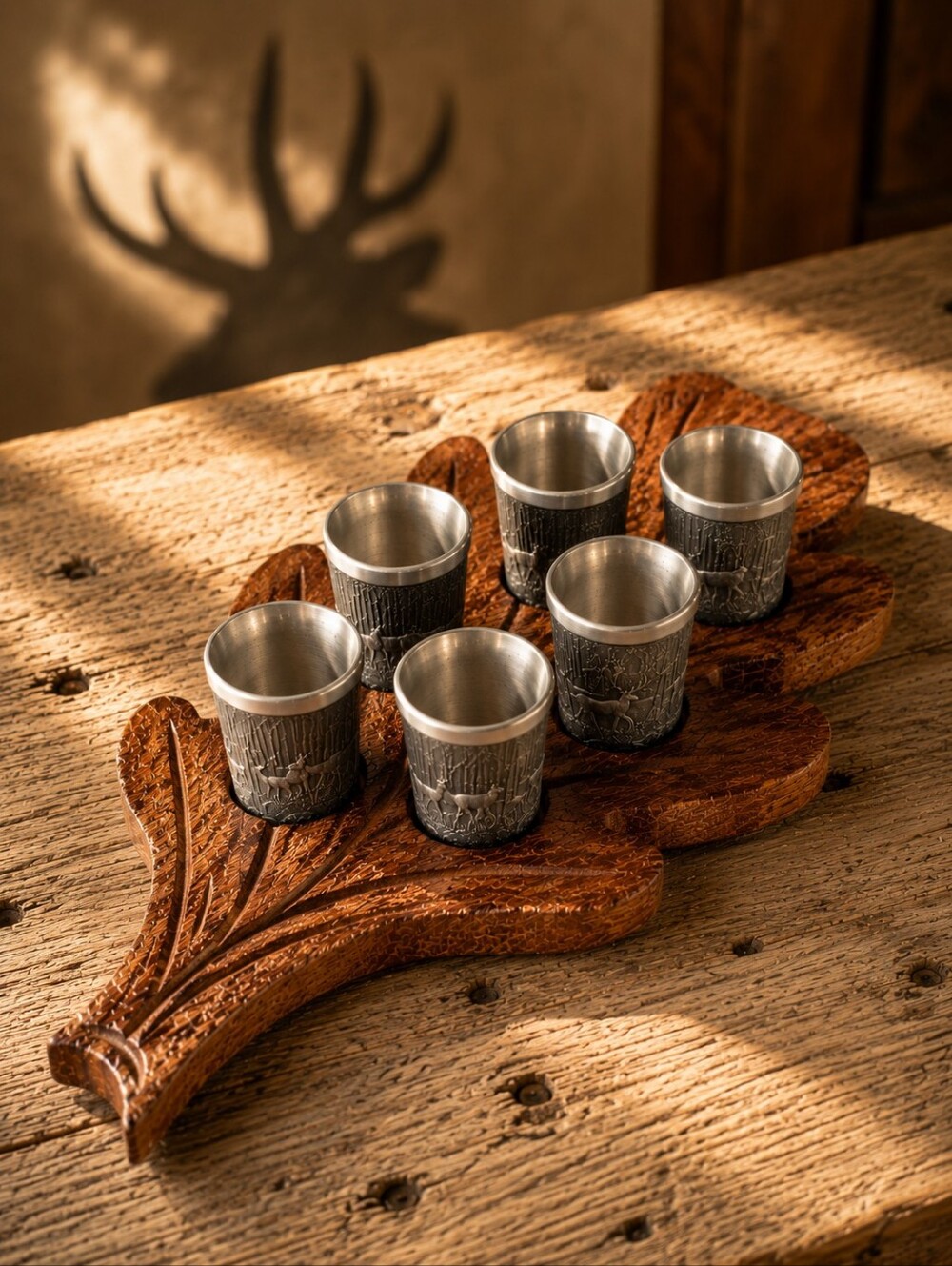 Vintage German Pewter Schnapps Set Deer Cups Oak Leaf Tray